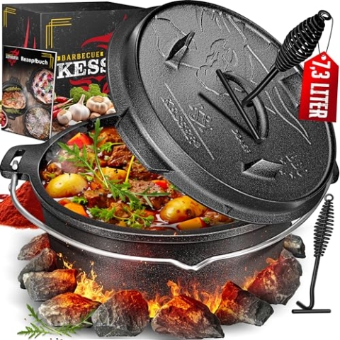 KESSER® Dutch Oven Set BBQ 7,3 Liter, Feuertopf Schmortopf mit Füßen, Gusseisen Topf mit Deckelheber Henkel und Schlitz für Themormeter, kochkessel Grilltopf Gulaschkessel für Oudoor & Indoor
