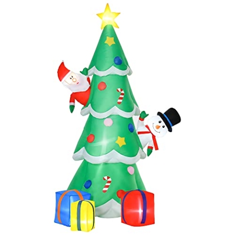 HOMCOM Aufblasbarer Weihnachtsbaum mit Weihnachtsmann Schneemann und Geschenkbox 210 cm Weihnachtsbeleuchtung LED Selbstaufblasend Polyester Grün 144 x 125 x 210 cm