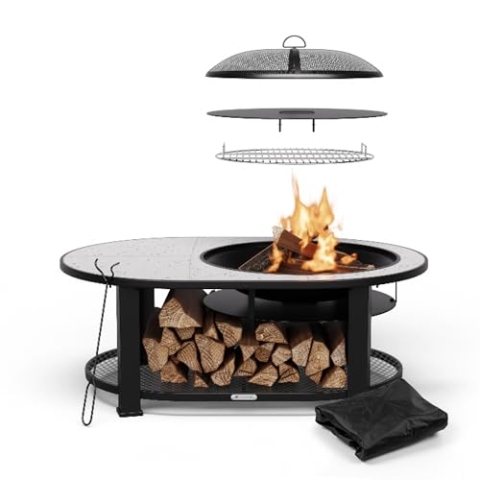Blumfeldt Merano Circolo L Feuerschale - 3-in-1 Feuerschale mit Grillrost & Tisch, robuster Stahlrahmen, Terrazzo-Tischplatte, inkl. Funkenschutz, Schürhaken & Deckel, für Garten & Terrasse