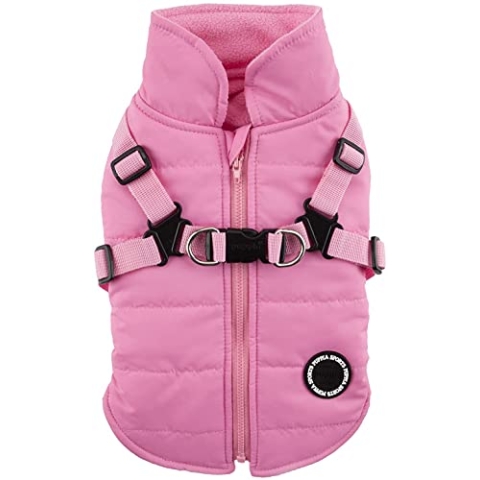 Puppia Hochwertiger Hundemantel für kleine Hunde und mittelgroße Hunde - wasserdicht und mit Fleece gefüttert für angenehme Wärme - Hundemantel mit Geschirr, Pink, S