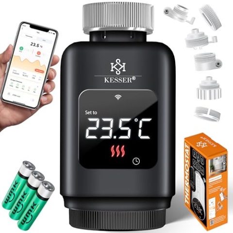 KESSER® Heizkörperthermostat 4er Set WiFi Heizungsregler | Heizungsthermostat WLAN mit Smart Home App Steuerung | Thermostat Alexa, Google Assistant mit 6 Heizkörperventilen | Energie & Kosten sparen