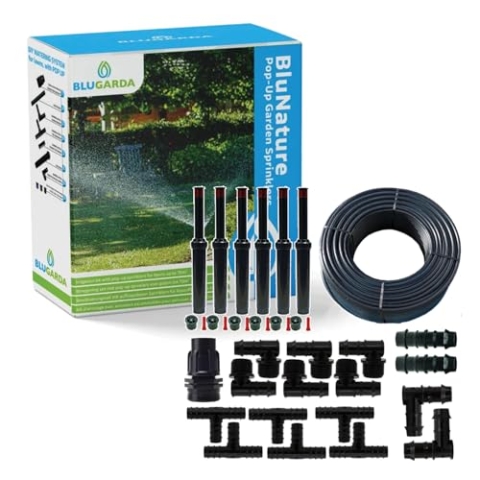 BluGarda - BluNature Pop-Up Bewässerungssprinkler für den Garten - Rasenbewässerung Sprinklersystem Kit - Pop-up Sprinkler mit Sprühköpfen Set für Rasenflächen bis zu 70m2