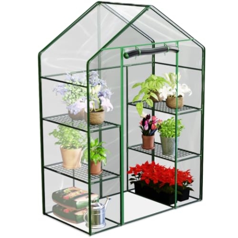 Plonos Gewächshaus Foliengewächshaus Gartengewächshäus Stabil Tomatenhaus 195 x 140 x 70 cm Regal Garten Balkon Grün Transparent