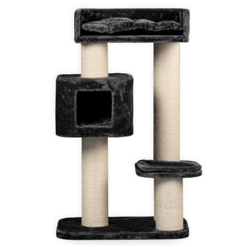 RHRQuality Kratzbaum für große Katzen – Devon Rex – 120 cm hoch – mit 15 cm Sisalstämmen & Spielhaus – Dunkelgrau