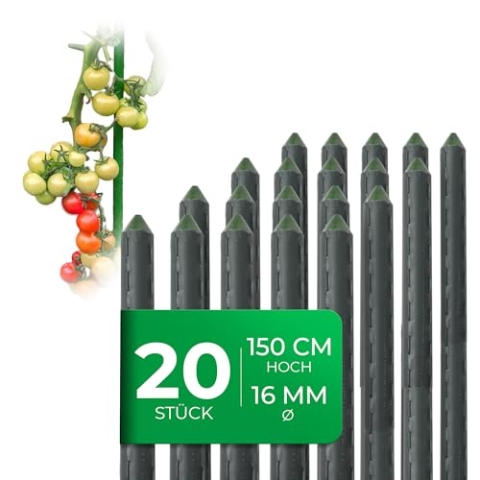 Novatool 20 Stück Pflanzstäbe 150cm grün 16mm ⌀ sehr stabil Metallrohr kunststoffummantelt Rankstäbe für Pflanzen Rankhilfe Gurken Tomatenstäbe für Kletterpflanzen Rankstab Pflanzstab 150 cm