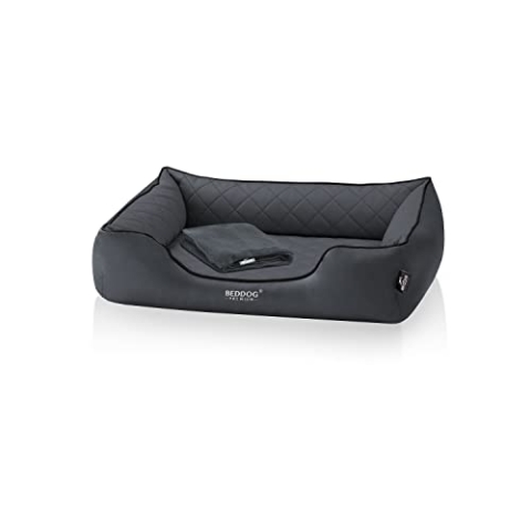BedDog Premium Orthopädisches Hundebett Buffy, Hundesofa aus Kunstleder, Abnehmbarer Bezug, Kuschel-Decke Zugabe - Anthracite (anthrazit)