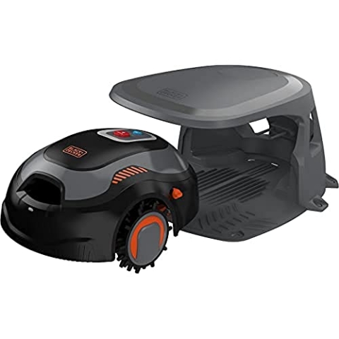 Black+Decker Mähroboter BCRMW123 (kompakter Akku-Rasenmäher für Rasenflächen bis 700m², 18 cm Schnittbreite, Schnitthöhe 15-60 mm, Steigungen bis 30%, mit Bluetooth-Steuerung via App, Diebstahlschutz) BCRMW123-QW schwarz/grau/orange