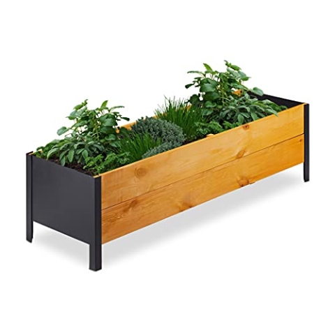 Relaxdays Hochbeet inkl. Vlies, HBT: 32,5x118x35 cm, Holz Kräuterbeet für Terrasse, Balkon & Garten, rechteckig, Natur, 10036905, Hellbraun, Schwarz