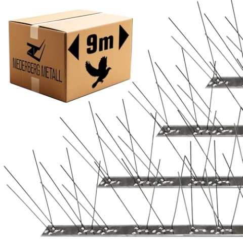 NIEDERBERG METALL Taubenabwehr Spikes Edelstahl - 9 Meter Tauben Abwehrleiste mit 324 Vogel Abwehr Spikes - Taubenabwehr Balkon Vogelabwehr für Dachbalken - Vogelschutz Dach Solaranlage Photovoltaik