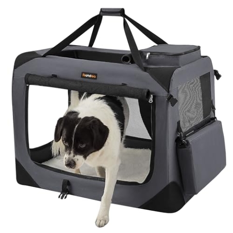 Feandrea Hundebox faltbar, Transportbox Hund, XL, Hundetasche, Oxford-Gewebe, Netzstoff, atmungsaktiv tragbar transportabel, Metallrahmen, mit Griffen, Taschen, 81 x 58 x 58 cm, grau PDC008G01