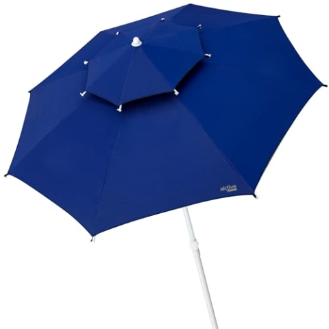 AKTIVE Winddichter Strandschirm, 280 cm, Marineblau, Polyestergewebe, UV30-Schutz, verstellbarer Metallmast, belüftetes Dach, 8 Fiberglasstreben, Tragetasche mit Griff (53848)