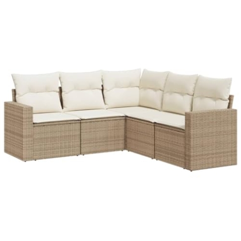 vidaXL Garten Sofa Garnitur 5-TLG., Gartenmöbel Set mit Kissen Stauraum, Sitzgruppe für Garten Terrasse, Modular Gartensofa Lounge, Beige Poly Rattan