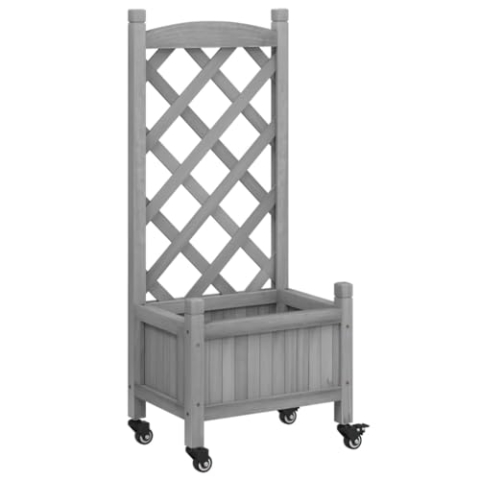 vidaXL Pflanzkübel mit Rankgitter Rollen, Blumenkasten mit Spalier, Pflanzgefäß für Terrasse Garten, Pflanzkasten, Grau Massivholz Tanne