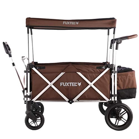Fuxtec Bollerwagen faltbar FX-CTL900 Braun mit Dach - Transportwagen klappbar |inkl. Hecktasche mit Schuhfach & Komfort-Schiebegriff | 5-Punkt-Gurt | Handwagen/Leiterwagen – Das Original