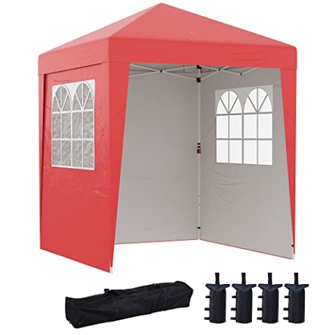 Outsunny Klappbare Gartenlaube Pop-up 2 x 2 m Partyzelt höhenverstellbar 3 Stufen Anti-UV 30+ 3 Seitenwände mit 4 Sandsäcken und 1 Tragetasche Oxfordgewebe Stahl rot