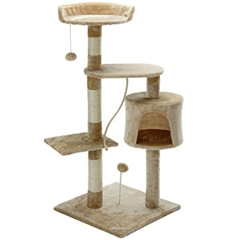 CADOCA® Kratzbaum 112 cm Beige mit Höhle + 3 Plattformen + 2 Spielbälle + 1 Spielseil Kratzstamm Katzenkratzbaum Katzenmöbel Katzenschlafplatz