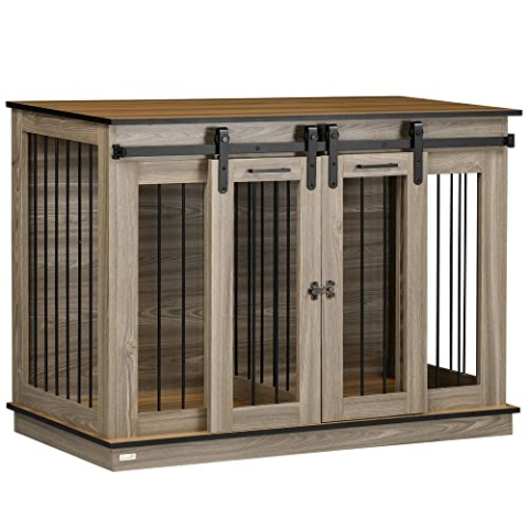 PawHut Hundekäfig, Hundehütte mit Zweiraum-Option, Haustierkäfig mit Doppeltüren, Hundebox, Hundehaus für Mittelegroße Hunde, 120 x 60 x 88,5 cm, Eiche
