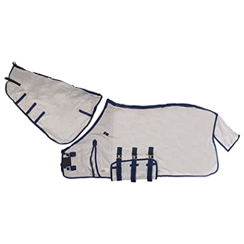 QHP Fliegendecke XL für großrahmige Pferde mit Hals und Hut grau, 3 Bauchgurte, Frontverschluss, Schweiflatz (135 cm)
