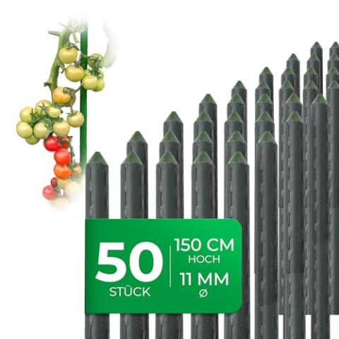 Novatool 50 Stück Pflanzstäbe 150cm grün 11mm ⌀ Metallrohr kunststoffummantelt Rankstäbe für Pflanzen Rankhilfe Gurken Tomatenstäbe für Kletterpflanzen Blumenhalter Rankstab Pflanzstab 150 cm