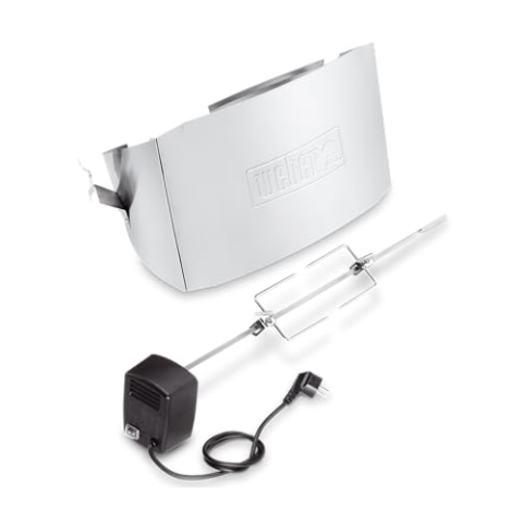 Weber Rottiserie - Drehspiess (Länge 80cm) für alle Q300-3000-3200 Modelle, mit elektrischem Motor undt Zwei Gabeln zum Befestigen des Grillguts optimal für Hähnchen oder Braten - Silber (17524)