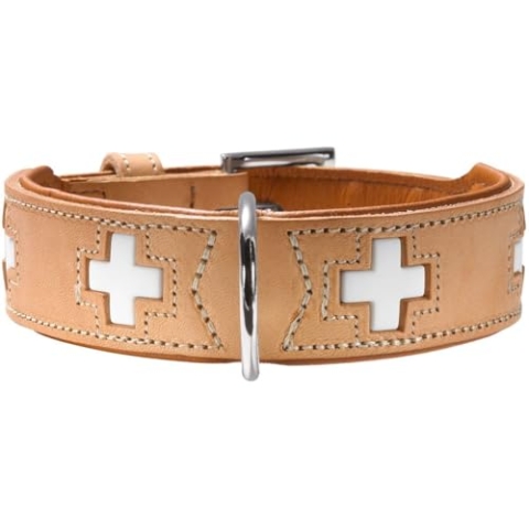 HUNTER Hundehalsband SWISS, Farbe: natur/beige, weiches Rindnappaleder, handvernähte Schweizer Kreuze, langlebig und komfortabel, hochwertige Handarbeit, Made in Germany, Größe: M (55)