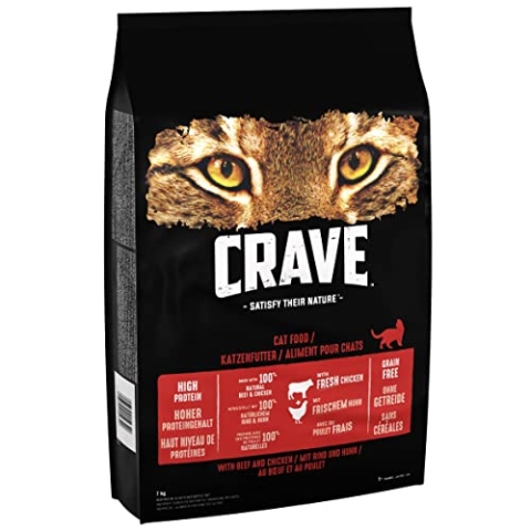 Crave Adult Trockenfutter mit Rind & Huhn, 7kg (1 Beutel) – Premium Katzenfutter trocken mit hohem Proteingehalt und ohne Getreide – Hergestellt mit 100 Prozent natürlichem Rind & Huhn