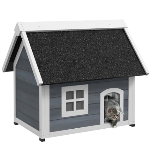PawHut Katzenhaus Outdoor Katzenhöhle aus Holz, mit Aufklappbar Asphaltdach, Wetterfest Katzenhütte mit Fenster, 3 Türen, 77 x 57,5 x 68 cm, Grau