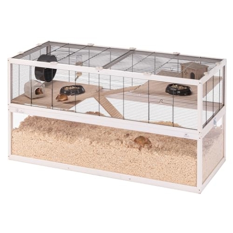 Ferplast Gabbia per Criceti DOMSTER, Gabbia per Topolini, 3 Piani, Con Accessori, Piattaforme e Scalette, Metallo Verniciato e Legno FSC, Base Trasparente, Gabbia Legno Criceto 120 x 50 x h 66,5 cm,