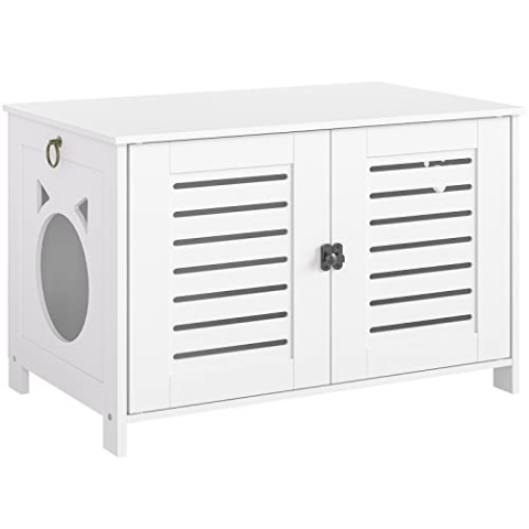 HOOBRO Katzenklo Schrank, Katzenklo aus Holz im Jalousien-Stil drinnen, Niedlicher Katzenkopfförmiger Türeinstieg, 60 x 45 x 50 cm, Weiß EWT60MW01