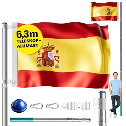 MONZANA® Aluminium Teleskop Fahnenmast 6,30m Bodenhülse 60cm inkl. Spanien Flagge Spanische Nationalflagge Fahne Flaggenmast Mast Alu