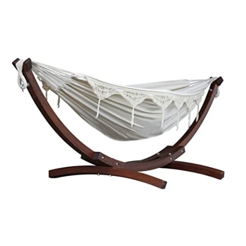 Vivere C8SPCT-00 Doppelhängematte aus Baumwolle mit stabilem Bogengestell aus Massivkiefernholz – Natural, 254 x 117 x 104 cm