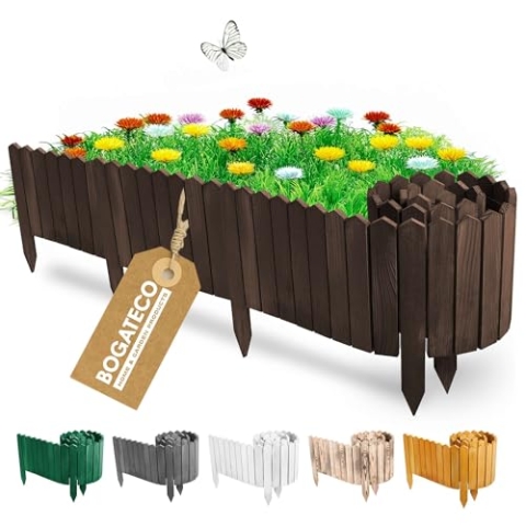 BOGATECO Beeteinfassung Holz Rollborder Holzlatten | Rollzaun 30cm Hoch & 200cm lang | Holz-Zaun | Staketenzaun Perfekt als Beet-Umrandung oder Weg-Abgrenzung | Dunkelbraun