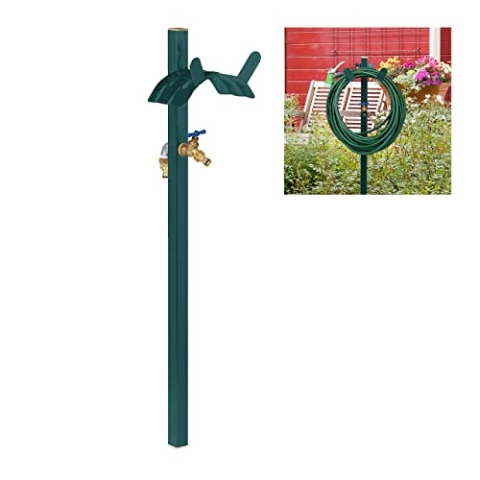 Relaxdays Wasserzapfstelle mit Schlauchhalter, für 45m Schlauch, 2X 1/2" Schlauchadapter, Stahl, HBT 107,5x25x18cm, grün