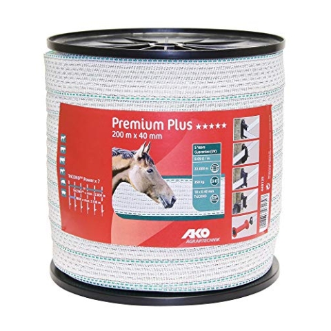 AKO Premium Plus Weidezaunband/Elektrozaun Breitband, 40 mm, weiß/grün - 200 m - Widerstand: 0,09 Ohm, bestmögliche Leitfähigkeit für anspruchsvolle Zaunanlagen