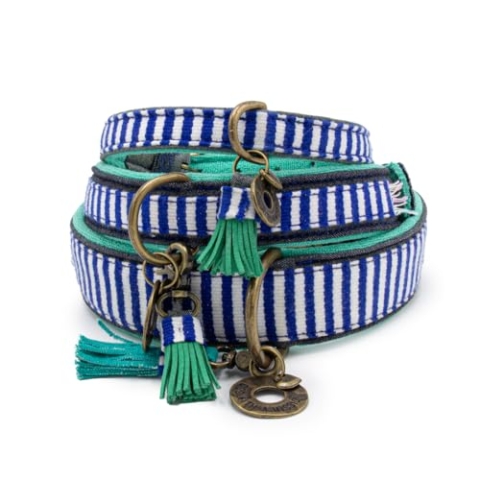 Dog with a Mission - Hundehalsband L | Gestreift/Blau/Türkis/Weiß | Ideal für große Hunde | Handgemacht | Ethno und Nautisch Design | Ibiza Stil | Bunt und Modisch | 4 cm Breit