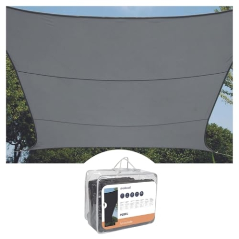 Perel Sonnensegel, Segel Sonnenschutz für Terrasse und Pool, winddurchlässig, wasserdurchlässig, UV-Schutz, 4 Edelstahl-O-Ringe, 3.6 x 3.6 m, 180 g/m², HDPE, Quadrat, dunkelgrau