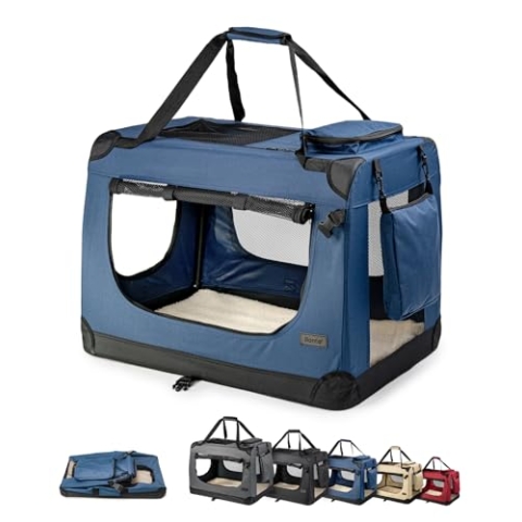 lionto Hundetransportbox faltbar für Reise & Auto, 70x52x50 cm, stabile Transportbox mit Tragegriffen & Decke für Katzen & Hunde bis 15 kg, robuste Hundebox aus Stoff für klein & groß, dunkelblau