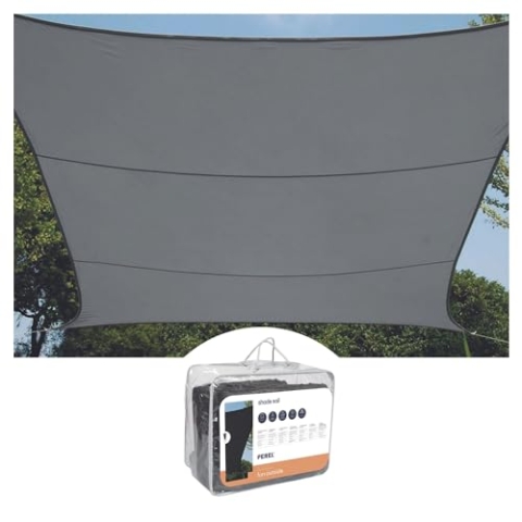Perel Sonnensegel, Segel Sonnenschutz für Terrasse und Pool, winddurchlässig, wasserdurchlässig, UV-Schutz, 4 Edelstahl-O-Ringe, 5 x 5 m, 180 g/m², HDPE, quadratisch, dunkelgrau