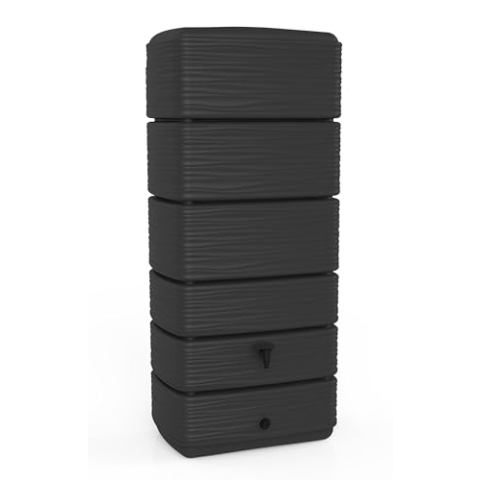 EDA Regentonne Récup'O 300 l – Dekor Wellen – Wasserhahn + Ablaufstopfen – 60 x 40 x Höhe 137 cm – Grau Anthrazit