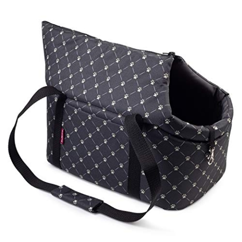 Hundetasche, Welpentasche - Schwarz/Muster: Pfoten, S bis 5 kg - Tragetasche für kleinen und mittleren Hund, Welpen, Katze