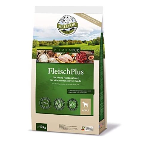 Bellfor Premium PUR FleischPlus Glutefrei Hundefutter mit Hohem Fleischanteil 10 kg - Die ideale Nahrung für alle normal aktiven Hunde