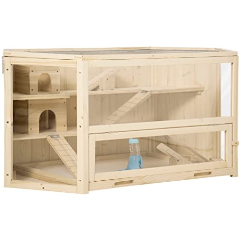 PawHut Kleintierkäfig, Nagerkäfig, mit Rampe, Wippe, Oben aufklappbar Käfig abnehmbare Bodenwanne Tannenholz PS Natur 115 x 60 x 55 cm