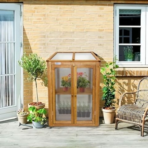 Lendo Online Gewächshaus - Frühbeet aus Holz - Greenhouse - Treibhaus - Frühbeetkasten mit Doppeltür - Pflanzenhaus - Aufzuchtschrank Fichtenholz Kiefernholz mit PC-Platten (Braun mit Einzeltür)
