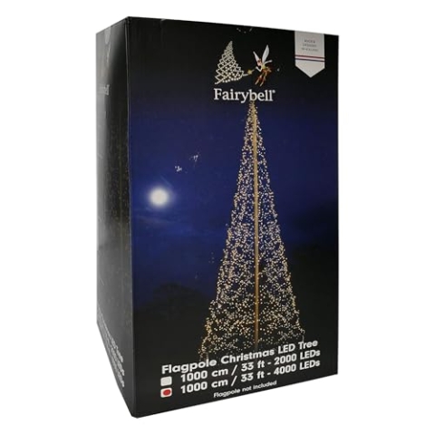 Fairybell LED-Weihnachtsbaum für draussen - 10 Meter - 4000 LEDs - Weihnachtsbaum im Fahnenmast - Warmweiss - Geeignet für vorhandene Fahnenmasten
