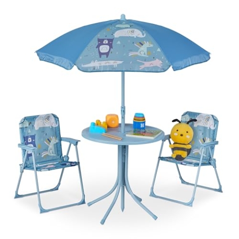 Relaxdays Camping Kindersitzgruppe, Motiv Tiere, Kindersitzgarnitur mit Sonnenschirm, Klappstühlen & Tisch, Garten, blau