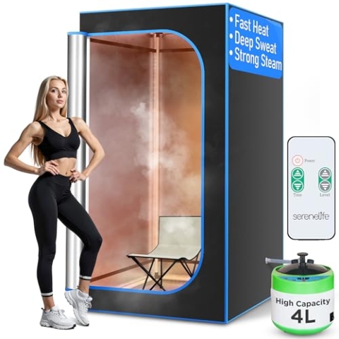 SereneLife mini Sauna für zuhause, Infrarotsauna, Dampfsauna für zuhause, Portable Sauna, mit Sauna Zubehör: Dampfgenerator für Dampfbad, Fernbedienung, klappbarer Stuhl, Timer
