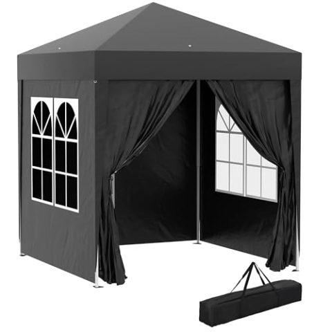 Outsunny Pavillon 2x2m Wasserdicht, Pop-up Faltpavillon mit 4 Seitenwänden, Abflusslöcher Fenster, faltbar Partyzelt UV 30+, Gartenzelt mit Tragetasche, Gartenpavillon für Terrasse, Schwarz