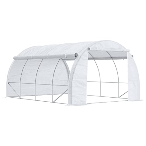 Outsunny Gewächshaus Foliengewächshaus mit UV-Schutz, 3,97 x 3 x 2 m Tomatenhaus mit Seitentür, Winddichtes Folientunnel Gewächshaus für Garten, Balkon, Stahl, Weiß