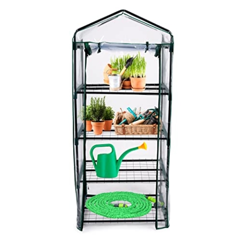 Kinzo Garden Gewächshaus - Gewächshaus mit 4 Etagen - 69 x 49 x 160 cm - Transparent mit grünen Akzenten