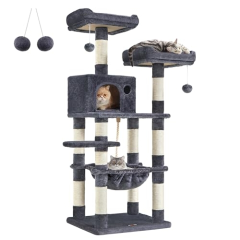 Feandrea Kratzbaum, 143 cm hoch, Katzenbaum mit 11 Kratzsäulen, 2 Plattformen, 1 Katzenhöhle, 1 Hängematte, 2 Plüschbällen, Plüsch, mehrstöckiges Design, rauchgrau PCT15GYZ